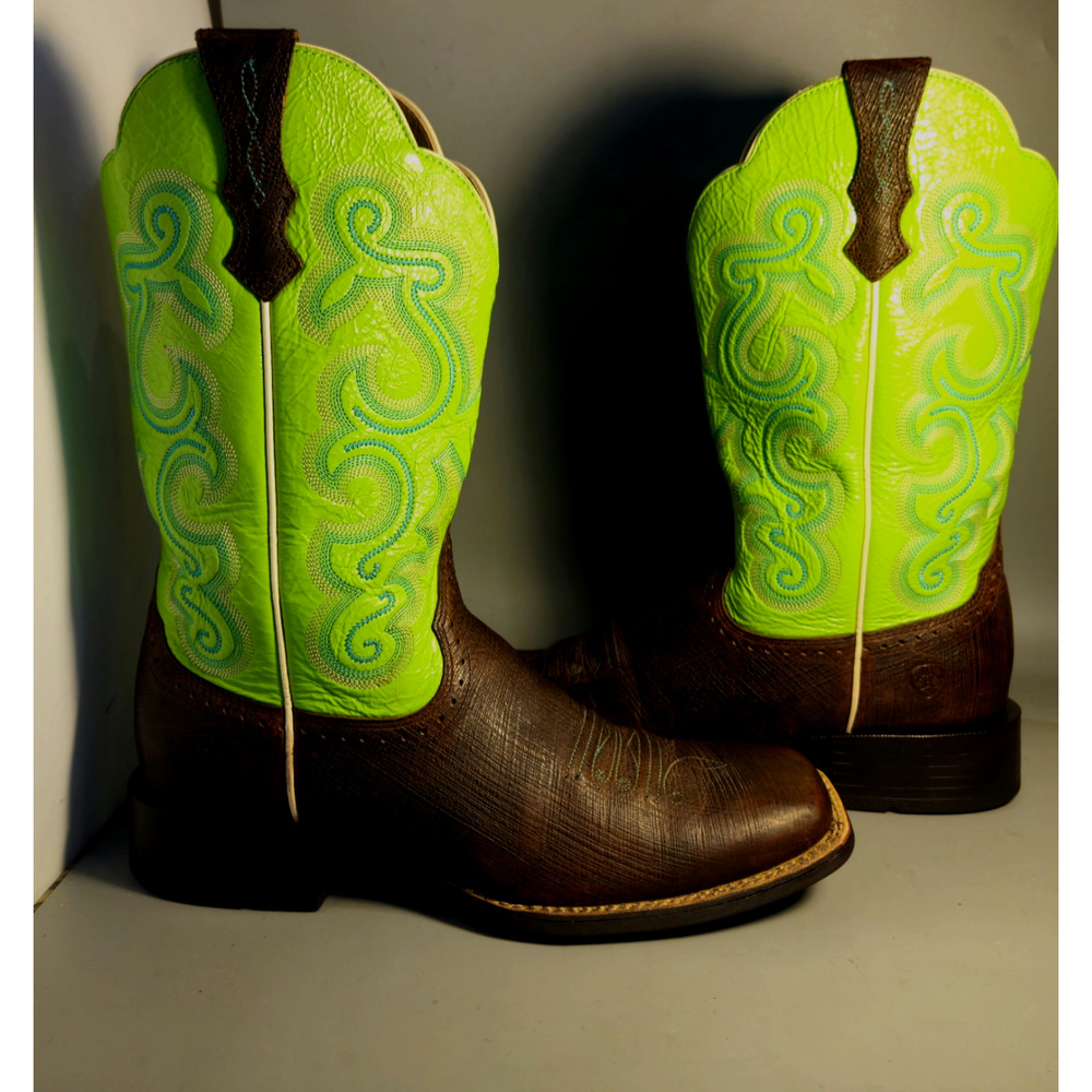 Ariat Quickdraw Western Boot Women 9 Brown Neon Lime Cowgirl Square Toe 10016311 - Picture 3 of 8